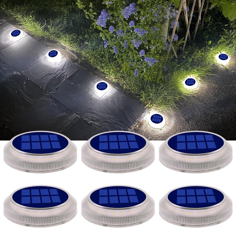 DetarZinLED Solar Deck Lights Outdoor Waterproof, 6 Pack White Round Deck Lights Solar Powered, Flat Stick on Ground Disc Light for Outdoor Pathway Driveway Step Yard Dock Walkway Patio - Image 1